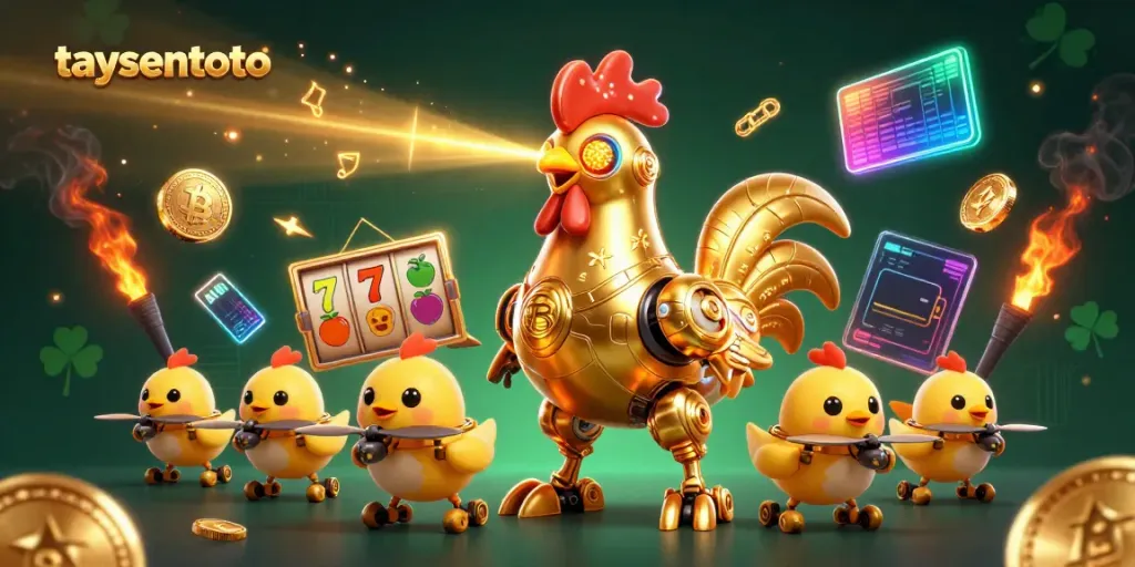 Raih keberuntungan bersama taysentoto, simbol jackpot, dan koin crypto dalam satu ilustrasi menakjubkan.