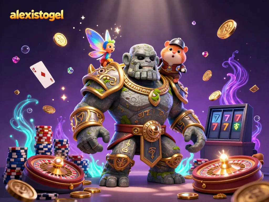 Gambar kasino magis dengan alexistogel yang menampilkan golem hidup dan pesona sihir.