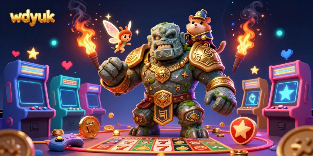 Engage with the magical wdyuk casino scene featuring a golem guardian surrounded by slot symbols and vibrant game elements.