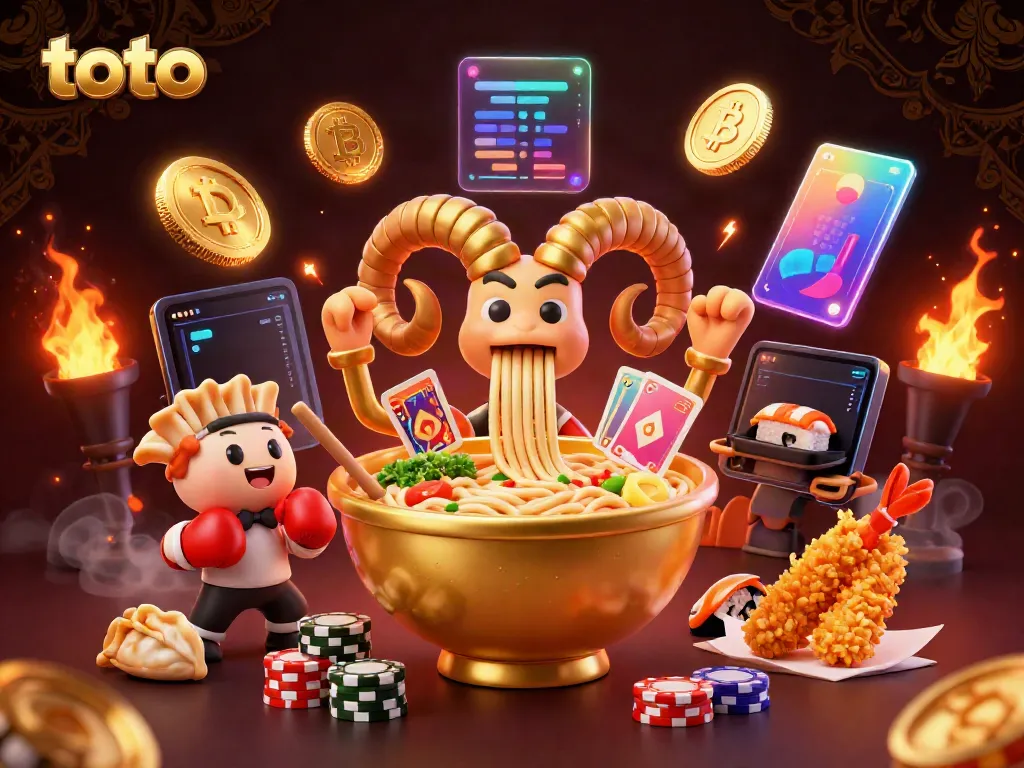 Engage with the exciting toto game scene featuring a golden ramen bowl character and vibrant elements.