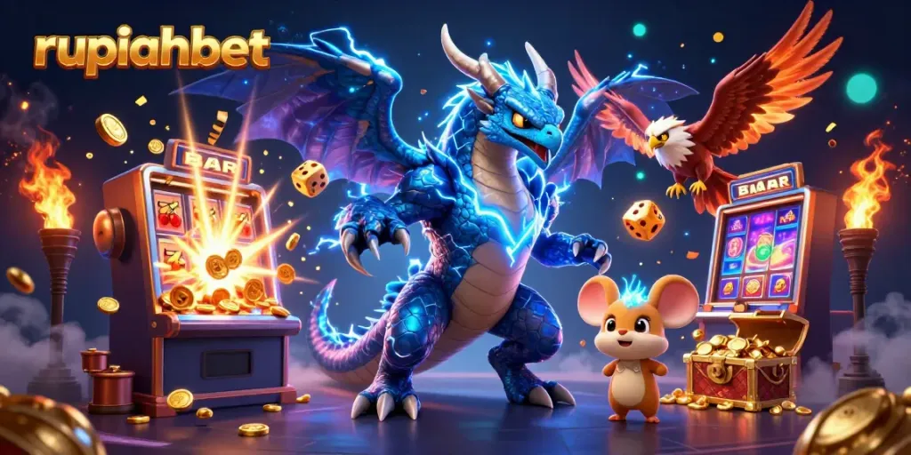 Experience thrilling gameplay with rupiahbet's dynamic casino scene featuring slot machines and vibrant characters.