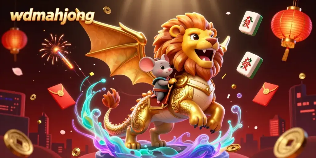 Experience the magic of wdmahjong with a chimera and lucky symbols in a dazzling casino scene.