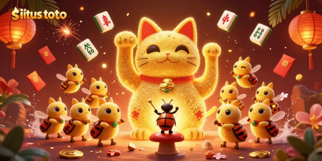 Bermain di situs toto dengan karakter kucing keberuntungan yang dikelilingi simbol kasino