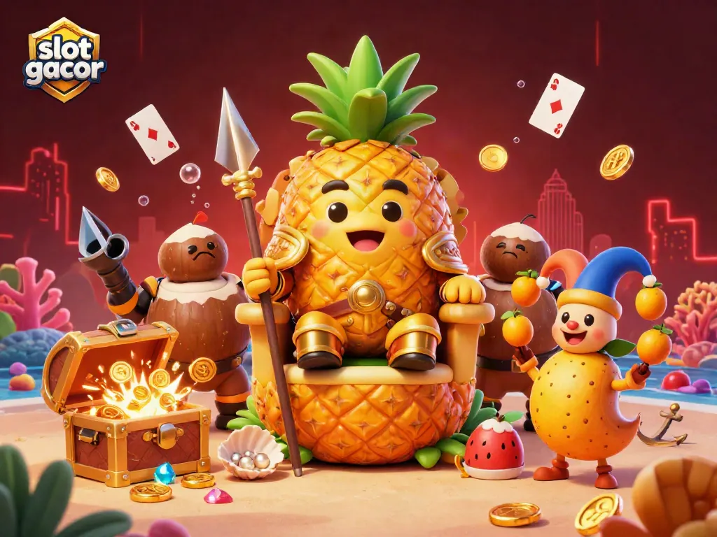 Experience slot gacor fun with a dynamic casino illustration featuring a golden pineapple king and vibrant characters.