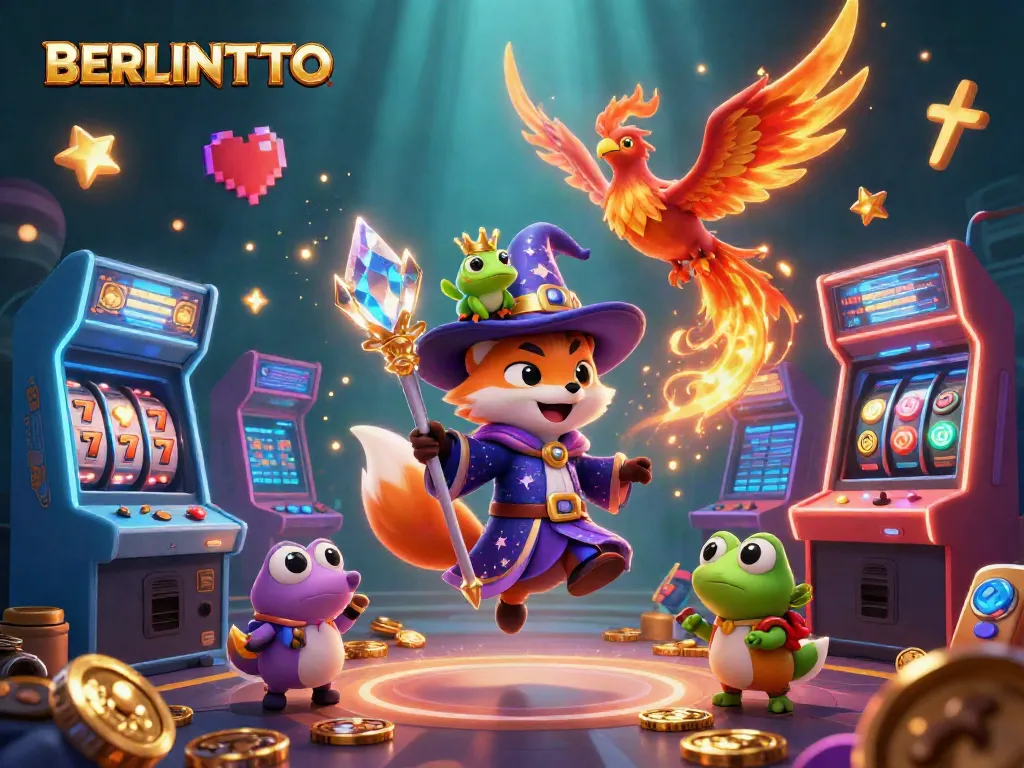 Experience the magic of BERLINTOTO with a whimsical scene of a wizard fox, phoenix, and enchanted frog amid vibrant slot machines.