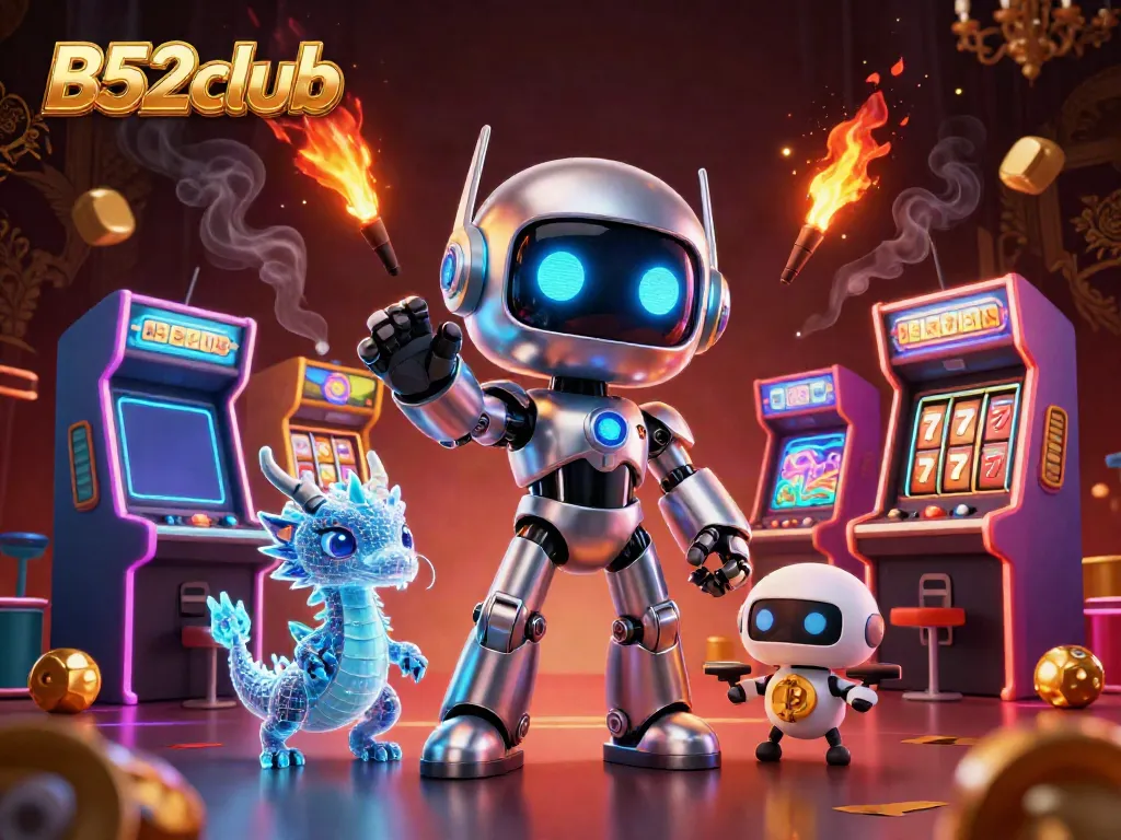 B52club's vibrant gaming environment showcases a futuristic robot and digital dragon with casino-themed elements.