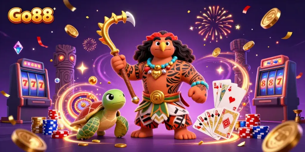 Experience thrilling wins with Go88's vibrant 3D casino illustration featuring exciting game elements.