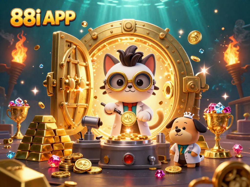 Play exciting games with 88i APP, featuring vibrant visuals of casino elements like sparkling gems.