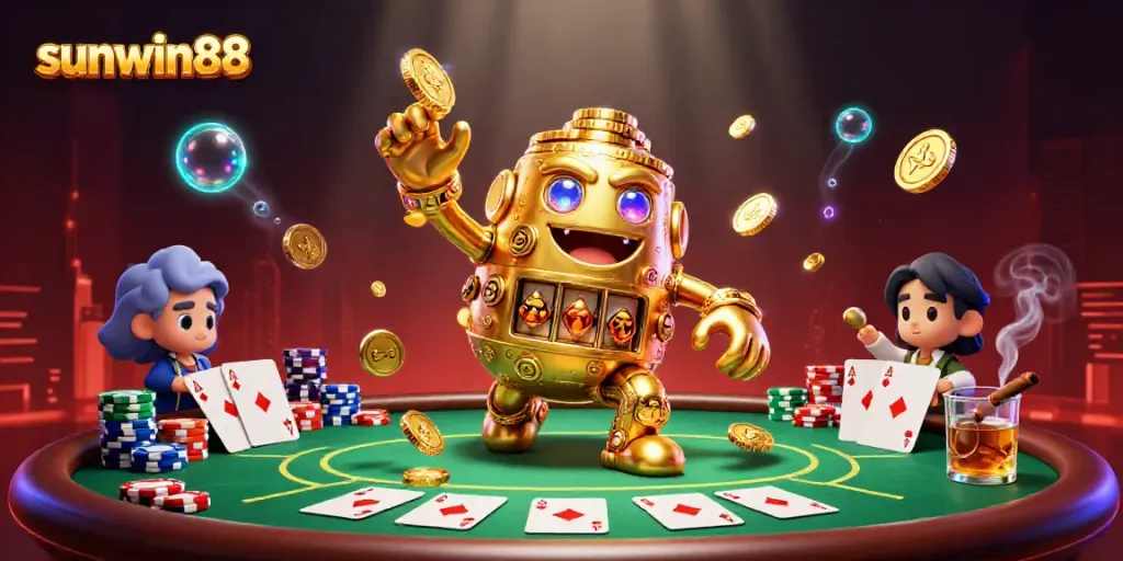 Experience the excitement of sunwin88 with a golden golem, poker chips, and vibrant casino elements.