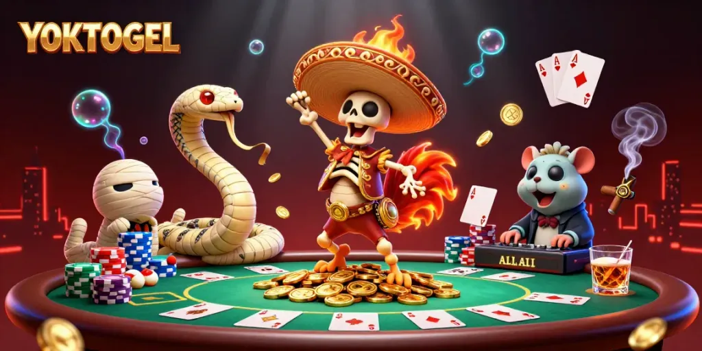 Experience winning with YOKTOGEL as a lively mariachi rooster, mummy snake, and hamster DJ fill the scene with vibrant casino elements.