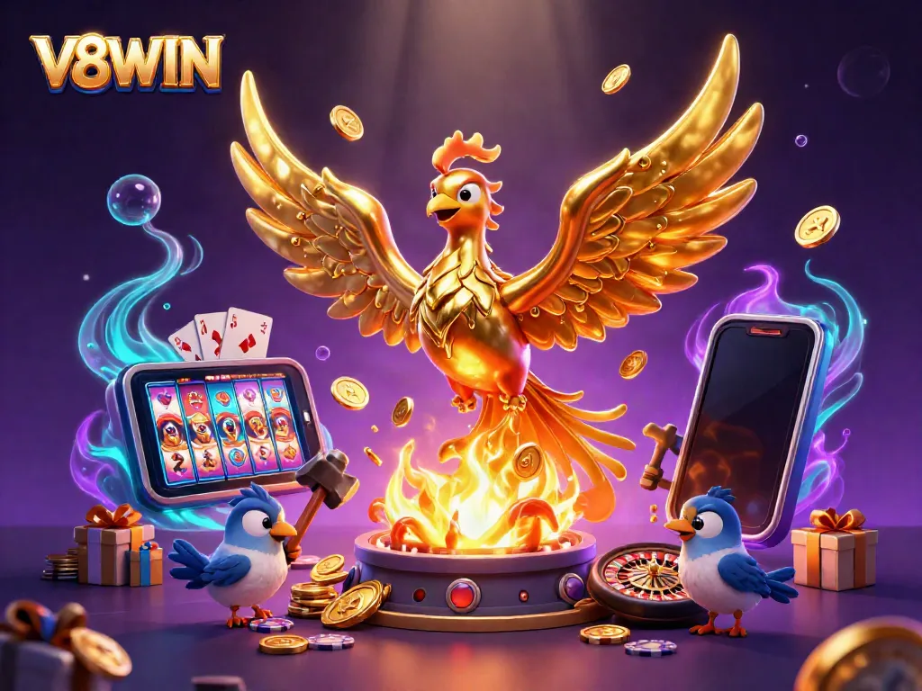 Engage in thrilling V8WIN gaming with a dynamic phoenix and gold erupting from a smartphone.