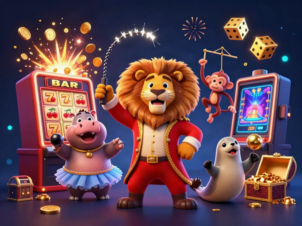 Xoilac users can win big with this fun colorful circus casino illustration, showcasing engaging gambling elements.