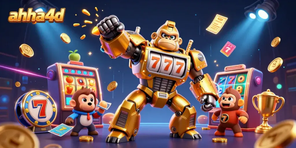 Engaging ahha4d casino illustration featuring dynamic slot elements and a golden gorilla mech.