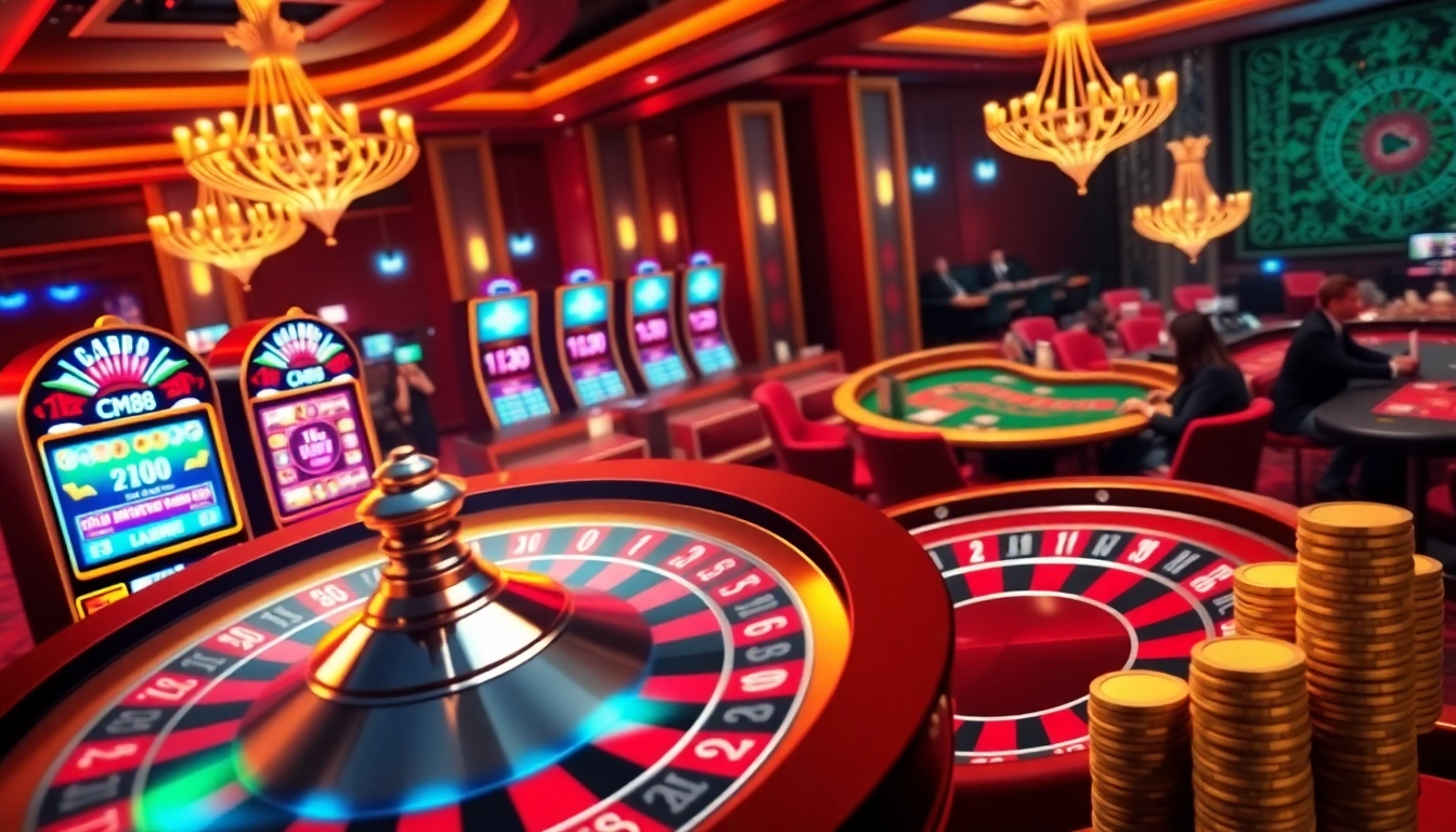 Players enjoying a vibrant gaming experience at CM88 casino with roulette and slot machines.