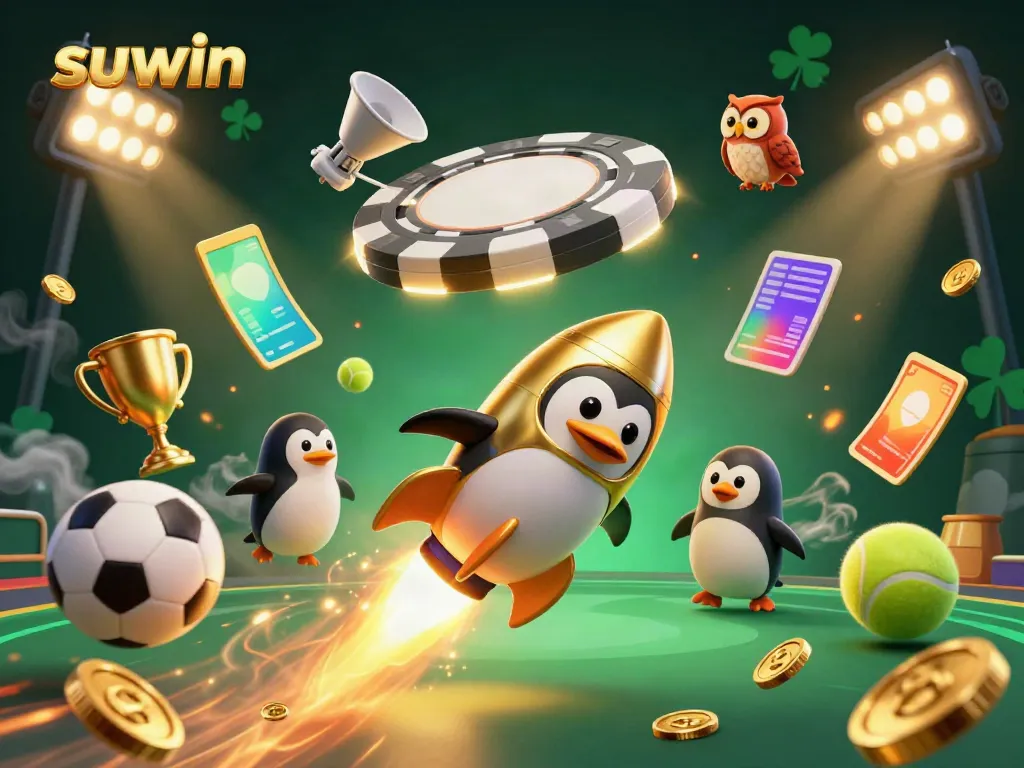 Experience suwin's exciting gaming atmosphere in this vibrant 3D casino scene with dynamic sports betting elements.