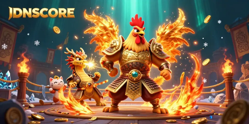 Engage with IDNSCORE through a vibrant scene of a warrior rooster, dragon, and fortune cat amidst golden elements.