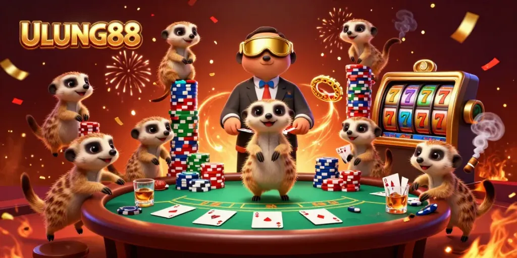 Experience thrilling online slots action with ULUNG88 as meerkats run a vibrant casino scene.