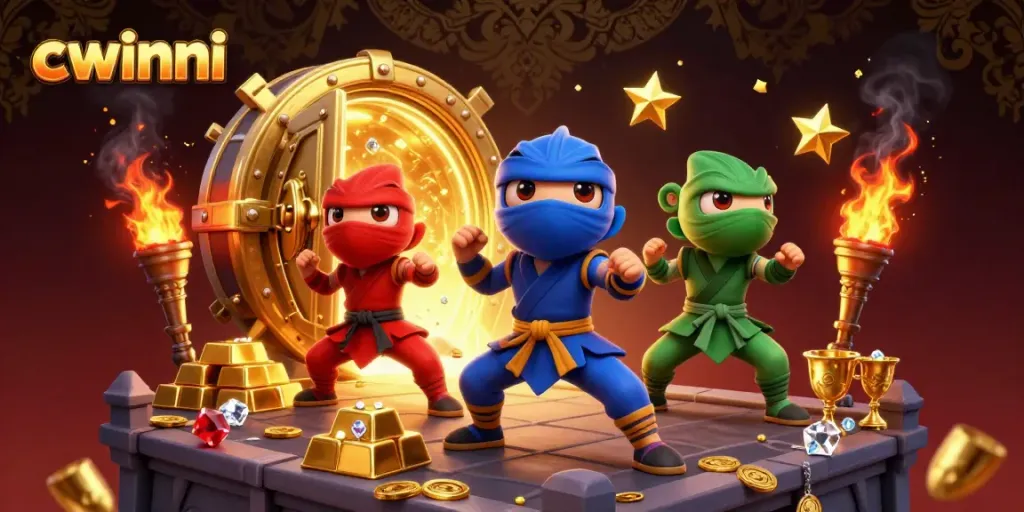 Experience thrilling action with cwinni's ninja chameleons amid gold and gemstone riches.