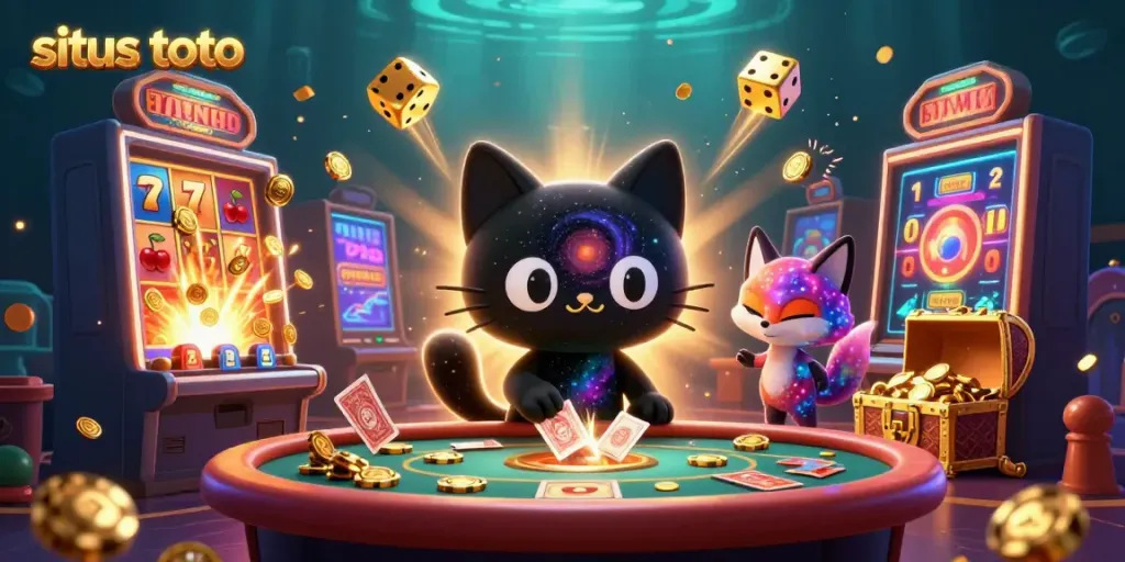 Engage with situs toto as a lively cosmic casino scene brings luck with a magical black hole cat.