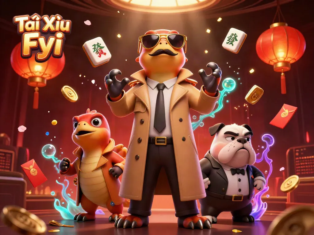 Tài Xỉu Fyi illustration of three raptors in a trench coat attempting to enter a VIP casino lounge, showcasing vibrant gaming elements.