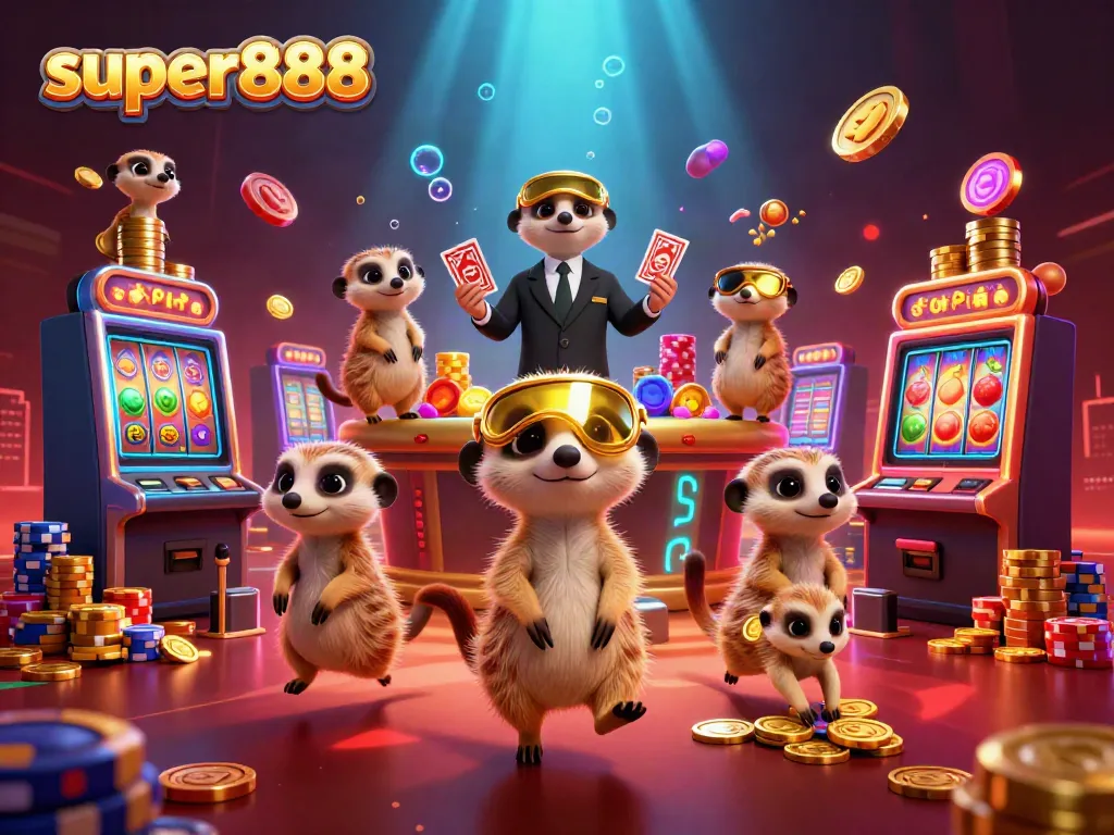 Permainan slot menarik di Super888 dengan koloni meerkat mengoperasikan kasino yang megah.