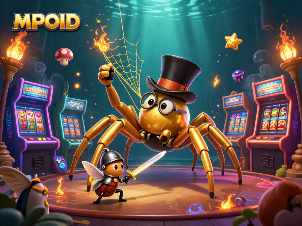Experience the thrill of MPOID's slots with vibrant game elements and dynamic characters in a dazzling casino scene.