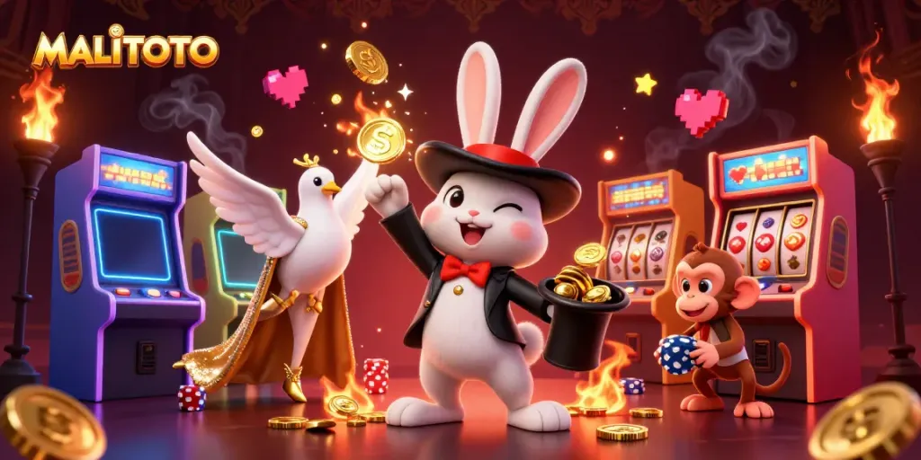 MALITOTO: A vibrant 3D illustration featuring a magician rabbit, dove, and monkey in a casino setting with golden coins.