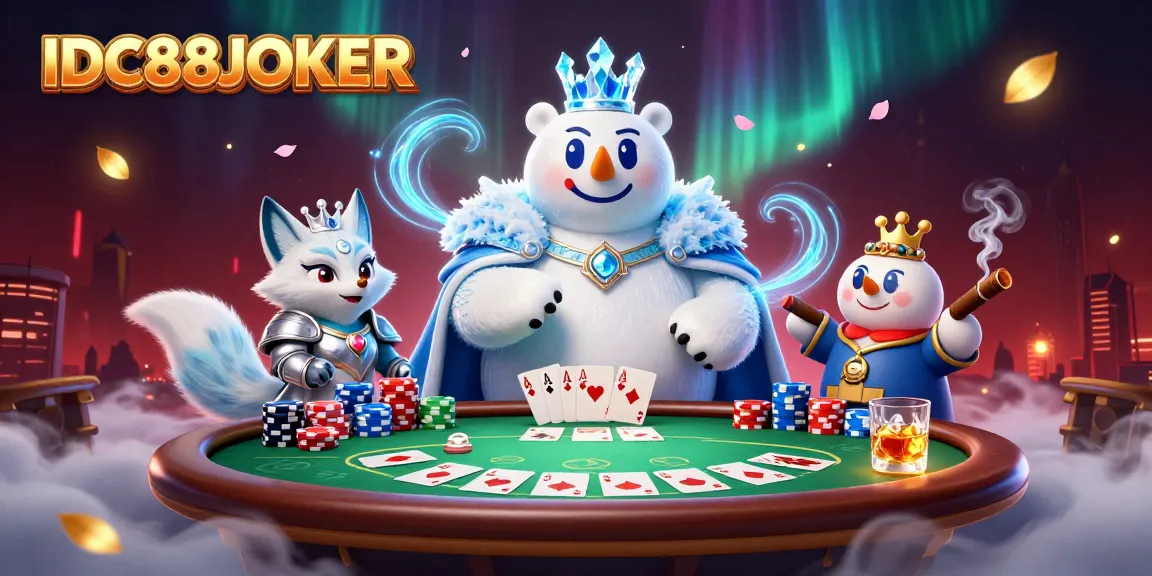 Experience big wins with IDC88JOKER, where the ice king polar bear and snow fox celebrate together at a vibrant poker table.