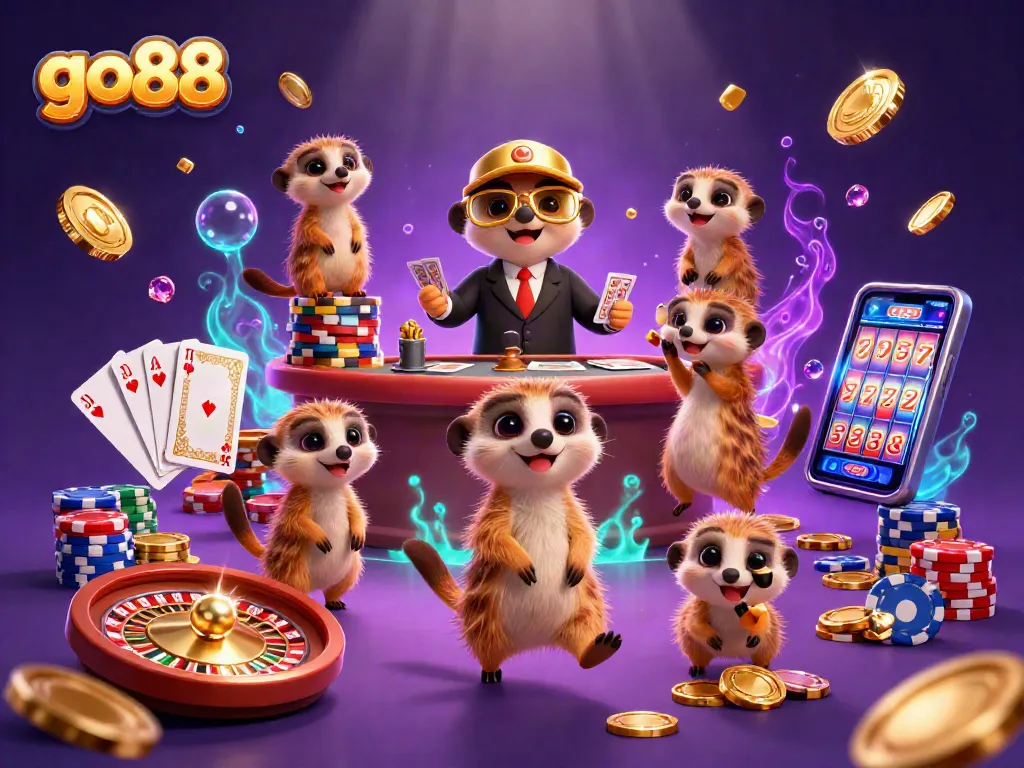 Experience thrilling excitement with go88 as meerkats manage a bustling casino in vibrant action.