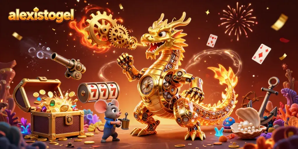 Slot gacor dengan alexistogel menampilkan naga emas dan peti harta karun yang meledak dengan koin emas.