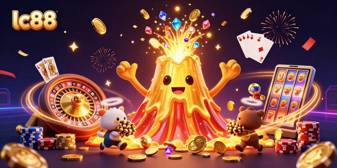 Experience thrilling moments with lc88 as golden treasures erupt from a volcano in this dynamic casino scene.