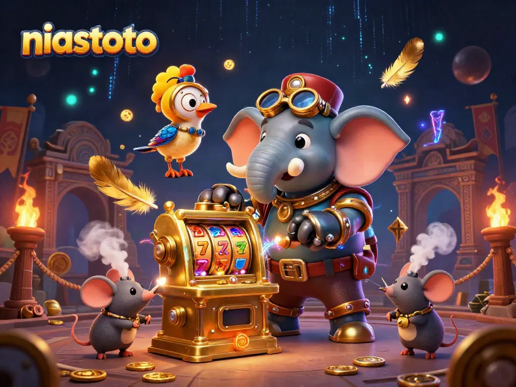 Experience thrilling slots action with niastoto's steampunk elephant character at a dynamic casino scene.