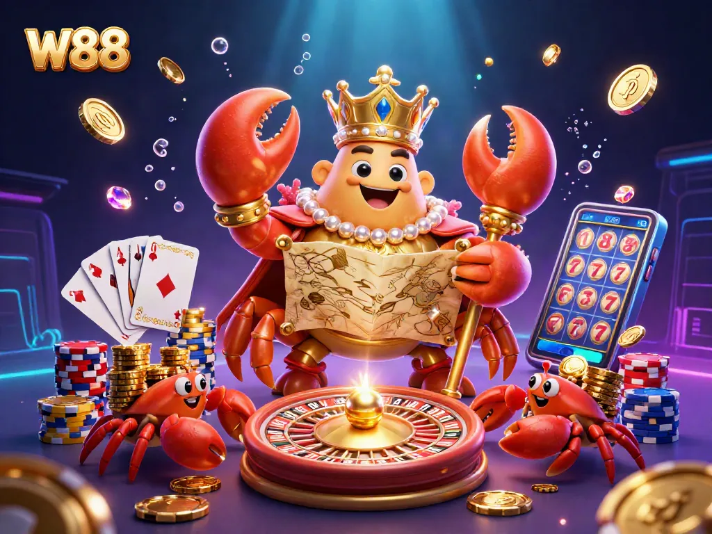 Experience thrilling gameplay with W88, featuring a golden crab emperor amidst cascading coins and vibrant chips.