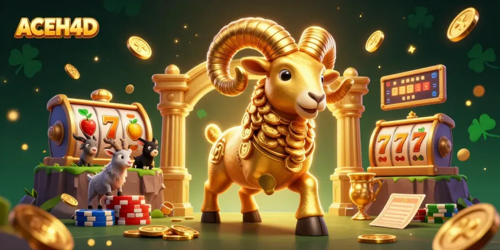 Experience the thrilling ACEH4D casino adventure with a golden ram charging through a lively slot machine scene.