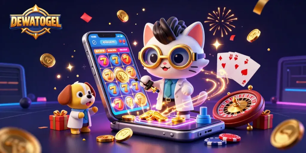 Play with DEWATOGEL and win big with exciting slot games and golden rewards in a vibrant 3D scene.