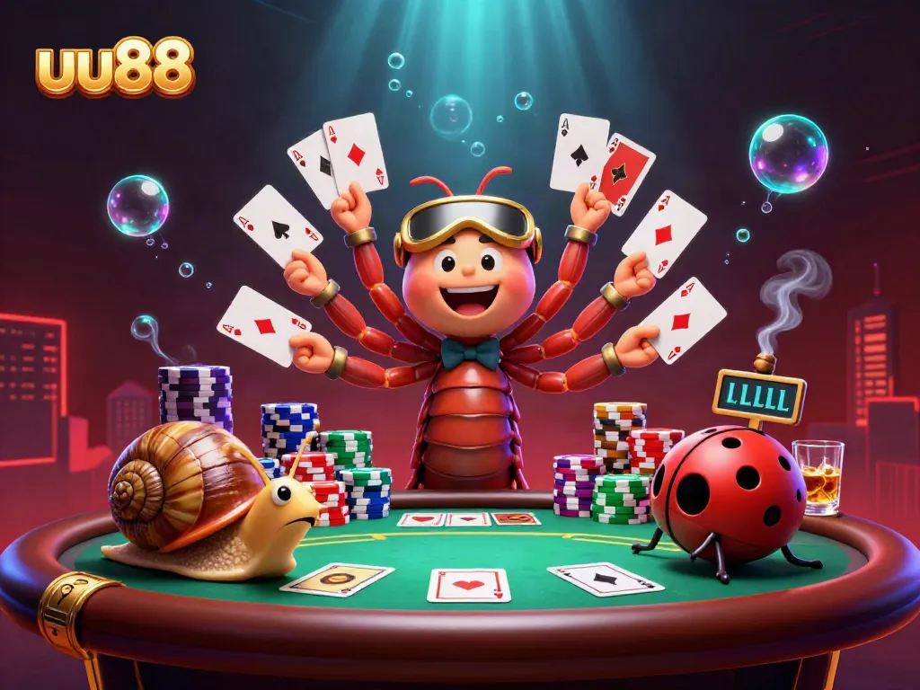 Engage with uu88's vibrant casino scene featuring a millipede dealer, excited players, and colorful poker elements.