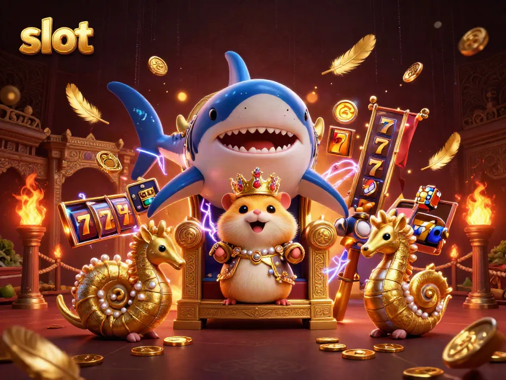 Slot mesin bertema kasino dengan raja hamstern emas dan penjaga kuda laut di sekelilingnya.