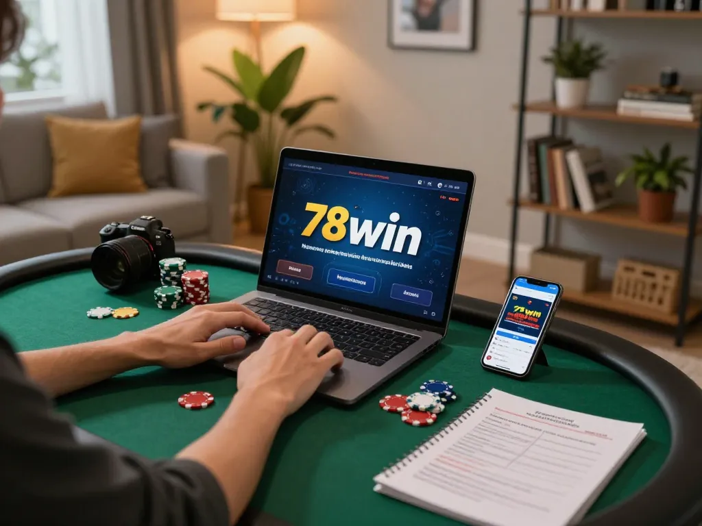 Engaged player using 78win's online casino platform on laptop with betting notes