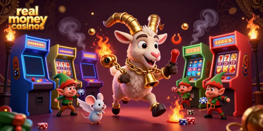 Experience thrilling real money casinos with a dynamic scene of Krampus, an angel mouse, and mischievous elves in a detailed casino