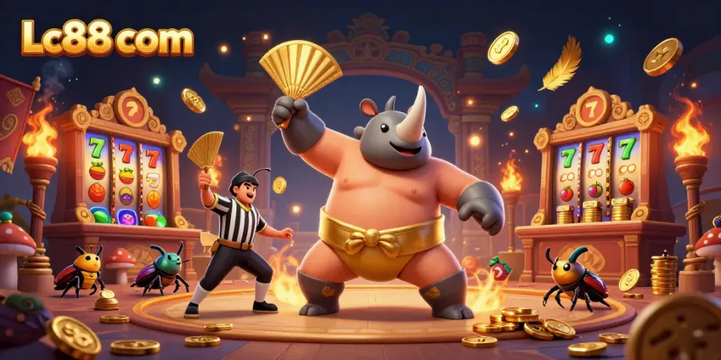 Engage with Lc88 com's vibrant casino world featuring dynamic 3D characters and exciting slot game elements.