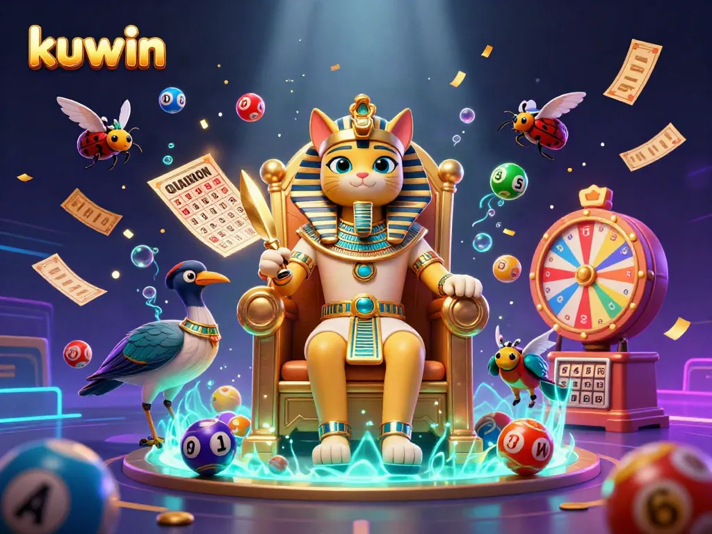 Engage in thrilling kuwin gameplay with a vibrant Egyptian pharaoh cat and rich casino elements.