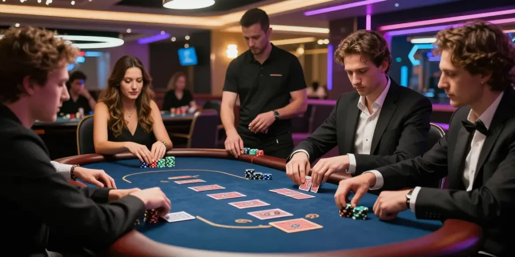Aksi permainan di meja poker Alexistoto dengan atmosfer kasino yang mewah.