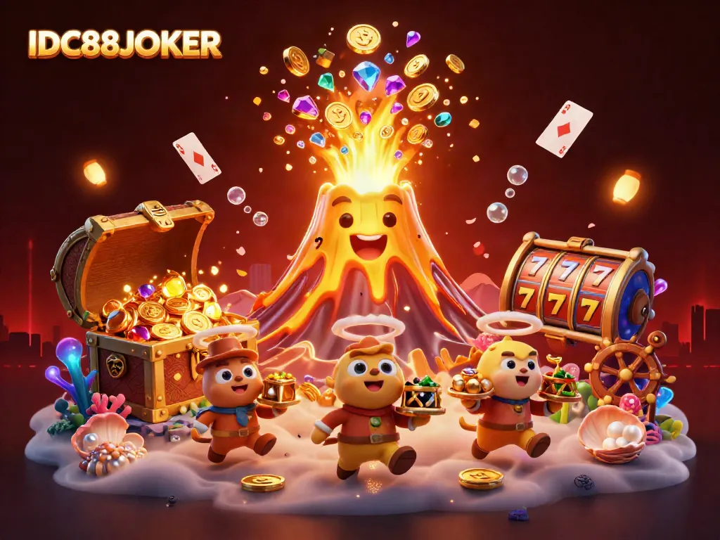 Experience the excitement of IDC88JOKER with a cartoon volcano erupting coins and playful characters in a vibrant scene.
