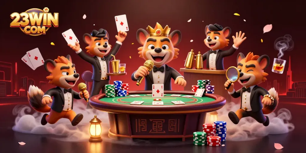 Hyenas entertain at a comedy casino club while engaging in gambling at 23WIN COM.