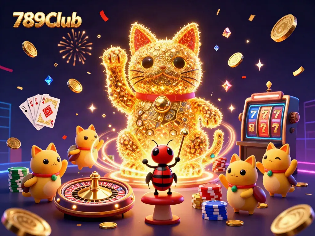 Experience the excitement of 789Club with dynamic casino symbols, golden fireflies, and vibrant gaming elements.
