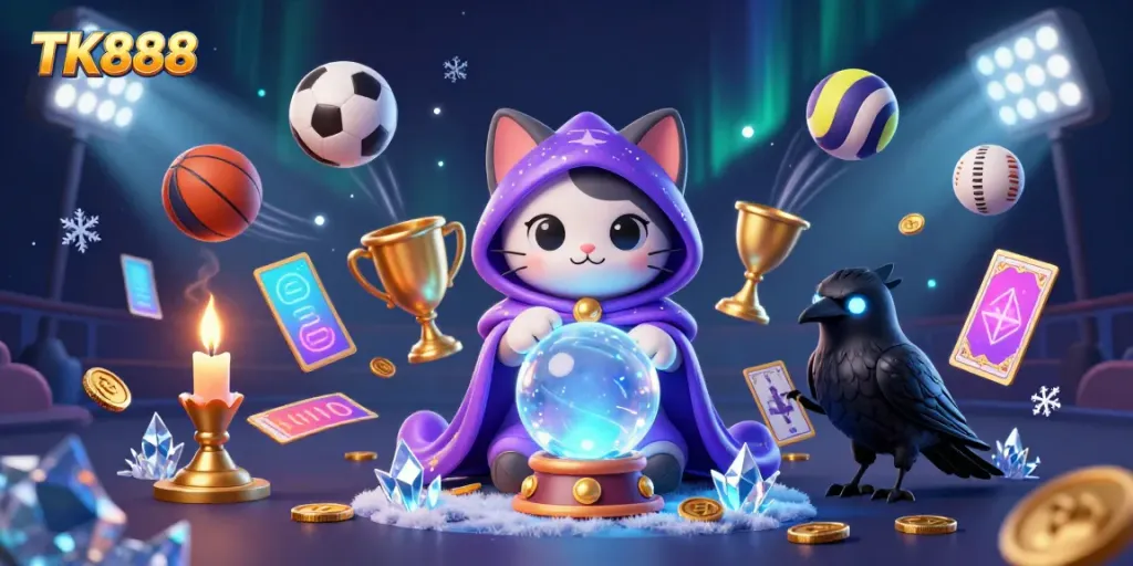 Experience thrilling sports betting action at TK888 with vibrant illustrations of mystic elements and exciting game dynamics.