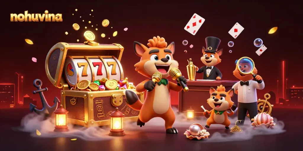 Nohu vina showcases a lively scene with hyenas entertaining in a vibrant casino atmosphere, filled with slot icons.