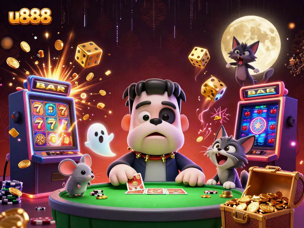 Play exciting games at u888 with a detailed scene of cartoon characters and casino elements.