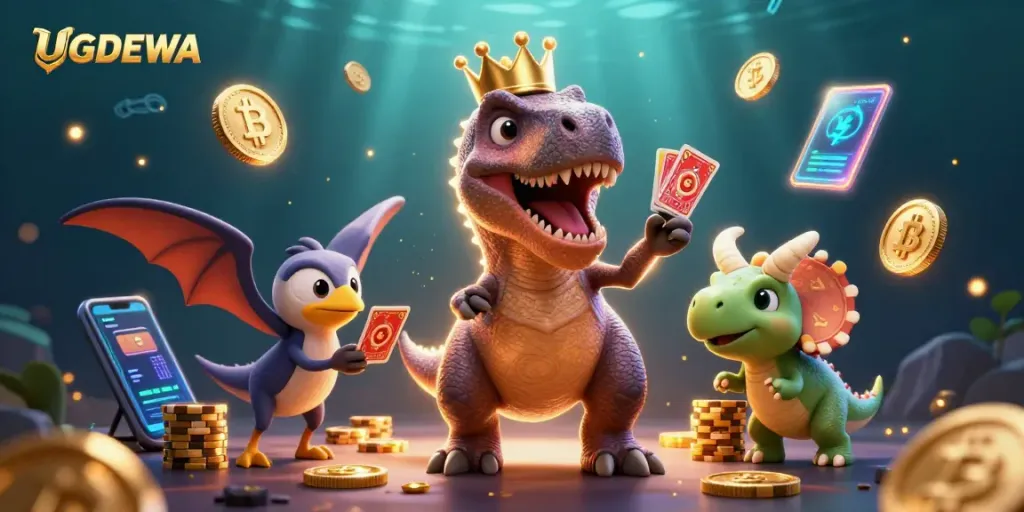 UGDEWA cartoon characters playing cards and stacking chips in a vibrant digital casino scene.