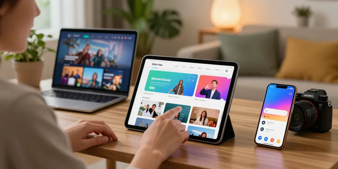 Pengguna platform interaktif dengan tablet, menunjukkan antarmuka digital yang menarik di lingkungan rumah yang nyaman.